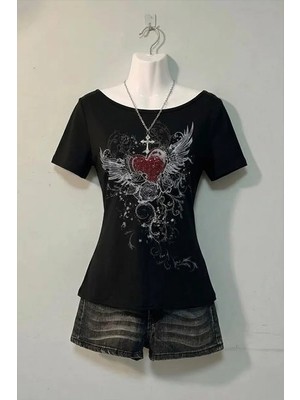 Köstebek Siyah Rose Red Heart Gotik Y2K Kısa Kollu Crop