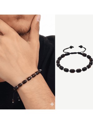 Tesbihane Makrome Örgülü Dorika Top Süslemeli Kapsül Kesim Koyu Kırmızı Renk Damla Kehribar Erkek Bileklik