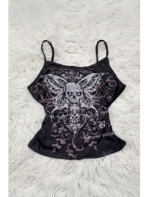 Köstebek Siyah Gotik Skull Butterfly Wings Y2K Askılı Crop