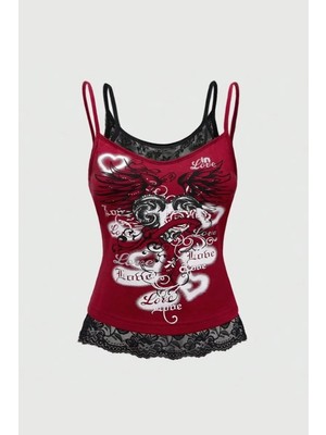 Köstebek Bordo Gotik Coquette Love Dantel Detaylı Y2K Askılı Crop