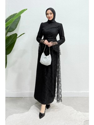 Tesettür Diyarı Cavisa Ispanyol Kol Dantel Kumaş Astarlı Tesettür Abiye- Siyah