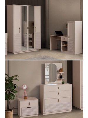 Setay Vela Genç Odası Takımı - 4 Kapaklı Aynalı Dolap, Çalışma Masası, Şifonyer, Komodin