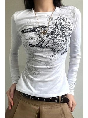 Köstebek Beyaz Vintage Punk Patterned Harajuku Y2K Uzun Kollu Crop