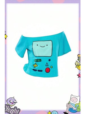 Köstebek Mavi Adventure Time Bmo Y2K Kısa Kollu Crop