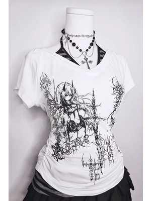 Köstebek Beyaz Anime Sword Tribal Gotik Ek Askılı Y2K Kısa Kollu Crop