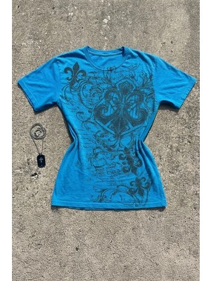 Köstebek Mavi Fleur-De-Lis Gotik Y2K Kısa Kollu Crop
