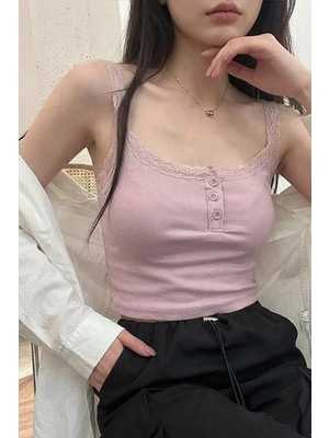 Köstebek Pudra Düğme Yakalı Dantel Detaylı Gotik Y2K Askılı Crop