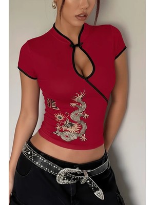 Köstebek Kırmızı Mandarin Yaka Ejderha Motifli Vintage Qipao Y2K Kısa Kollu Crop