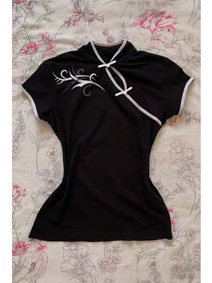 Köstebek Siyah Çin Yakalı Floral Motifli Beyaz Şeritli Vintage Y2K Kısa Kollu Crop