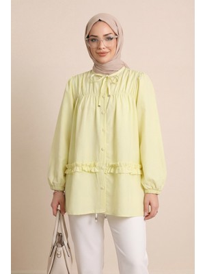 Moda Morfo Robadan Lastikli Eteği Fırfırlı Düğmeli Poplin Tunik -Sarı