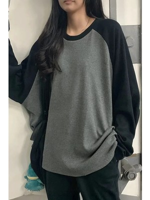 Köstebek Siyah Raglan Kollu Antrasit Basic Oversize Unisex Uzun Kollu