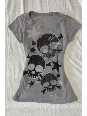 Köstebek Gri Skull Yıldız Detaylı Baskılı Grunge Y2K Kısa Kollu Crop