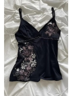 Köstebek Siyah Taşlı Askılı Crop Bluz Vintage Y2K Pamuklu Normal Yaka Kolsuz Kalıp