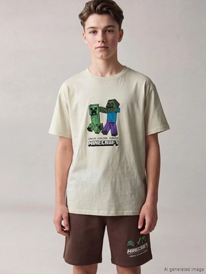 LC Waikiki Lcw Kids Bej Minecraft Baskılı Erkek Çocuk Şortlu Takım