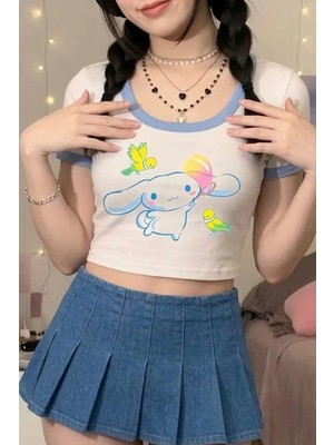 Köstebek Beyaz Anime Sanrio : Cinnamoroll Bird Friends Y2K Kısa Kollu Crop
