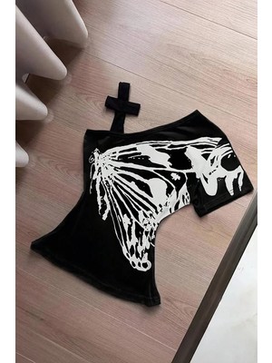 Köstebek Siyah Kelebek Kanatlı Askılı Grunge Y2K Kısa Kollu Crop