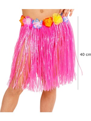 Renas Store Yetişkin Çocuk Uyumlu Pembe Renk Püsküllü Hawaii Luau Hula Etek 40 cm