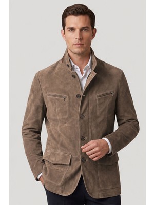 Deriderim Bej Felix Erkek Astarlı Slim Fit Dar Kesim Fermuarlı ve Düğmeli Blazer Hakiki Süet Ceket
