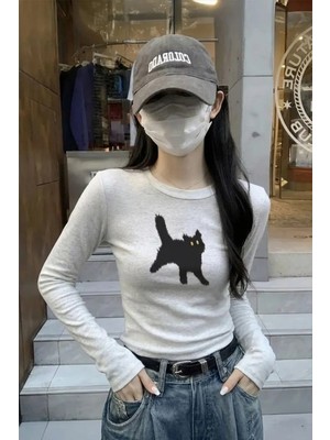 Köstebek Kar Melanj Cat Bisiklet Yaka Street Y2K Uzun Kollu Crop
