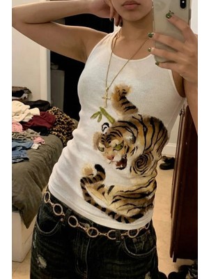 Köstebek Beyaz Tiger Vintage Ribanalı Y2K Askılı Crop