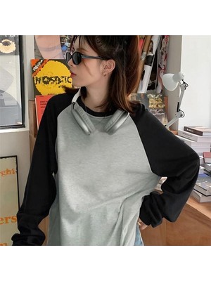 Köstebek Siyah Raglan Kollu Düz Gri Melanj Oversize Unisex Uzun Kollu
