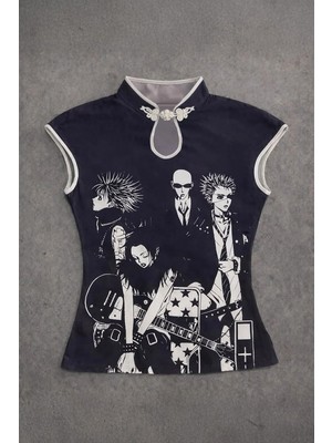 Köstebek Siyah Anime Nana Qipao Vintage Y2K Kısa Kollu Crop