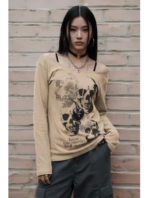 Köstebek Bej Gotik Skulls Askılı Y2K Uzun Kollu Crop