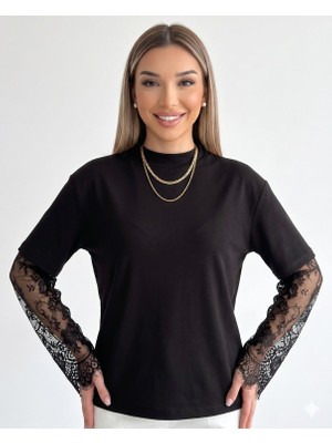 Shine & Style Dantel Detaylı Kısa Kol Modal Oversize Tişört Siyah