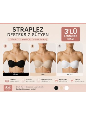 NBB 3’lü Straplez Desteksiz Sütyen Ekonomik Paket – Siyah Ten Beyaz
