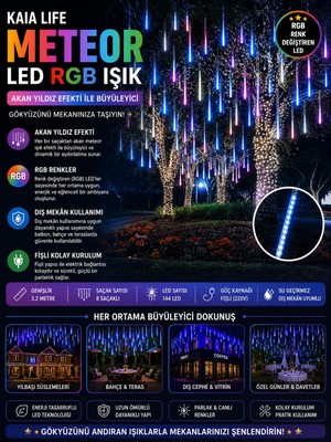 Ett Kaia Life 3.2m Meteor LED RGB Işık 8 Saçaklı Fişli – Akan Yıldız Efektli Dış Mekan Dekoratif Aydınlatma