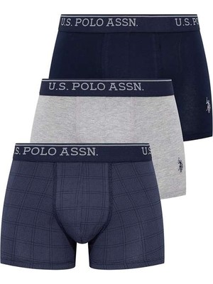 U.S. Polo Assn. Erkek Lacivert - Gri Melanj Desenli İndigo 3'lü Boxer Paça Tipi ile Rahat Kullanım