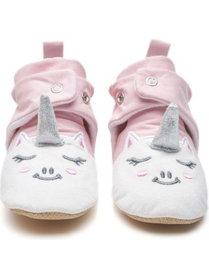 First Step Unicorn Kız Çocuk Kaydırmaz Tabanlı Pamuk Astarlı Pembe Çıtçıtlı Panduf