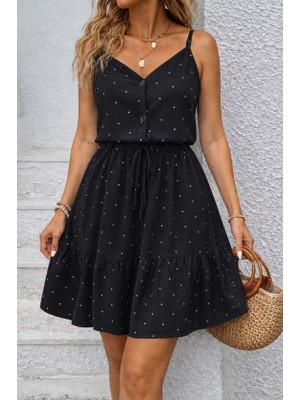 Nidam Butik Kadın Ip Askılı V Yakalı Düğmeli Desenli Kısa Süprem Elbise