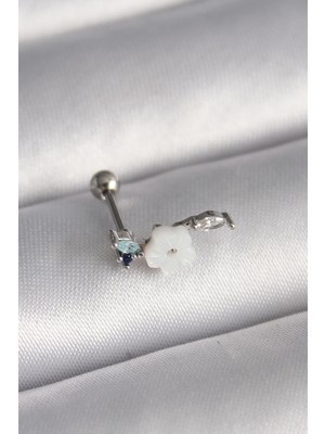 Hsc Bilişim 316L Çelik Gümüş Renk Zirkon Taş Detay Beyaz Çiçek Model Tragus Piercing