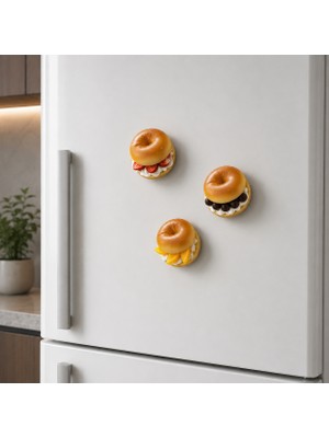 Haki Store Mini Bagel Tatlı Magnet Seti – Gerçek Görünümlü Yumuşak 3'lü Dekoratif Buzdolabı Magneti 6,5 x 6,5 cm