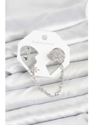 Hsc Bilişim Kutup Yıldızı Model Pirinç Gümüş Renk Zincir Bağlantılı Ear Cuff Küpe Seti