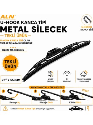 ALN Metal Silecek & U-Hook Kanca Tipi Tüm Araçlarla Uyumlu - 22 (550MM)
