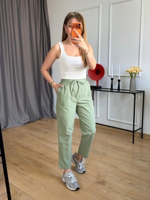 Size Özgü Yeşil Bel Bağlamalı Havuç Paça Pantolon
