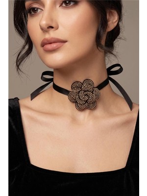 Petek Aksesuar Parlak Taşlı Çiçek Choker Kolye