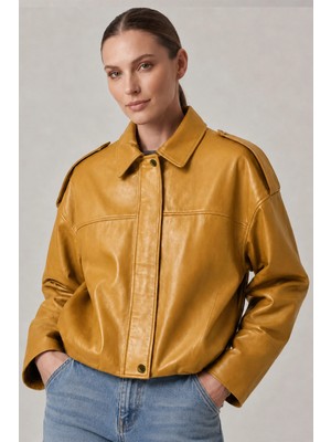 Deriderim Sarı Hakiki Deri Oversize Crop Kemerli Omuz Apolet Detaylı Kadın Ceket