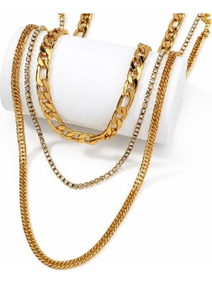 Chavin 3 Katmanlı Taşlı Gold  Alloy Kadın Zincir Kolye EN19