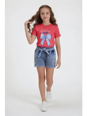 Cansın Mini Pembe Fiyonk Desenli Badili Kuşaklı Jean Şortlu Kız Çocuk Takım 24093