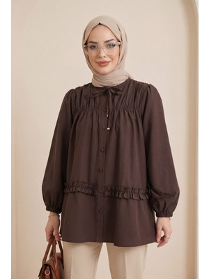 Moda Morfo Robadan Lastikli Eteği Fırfırlı Düğmeli Poplin Tunik -K. Kahve