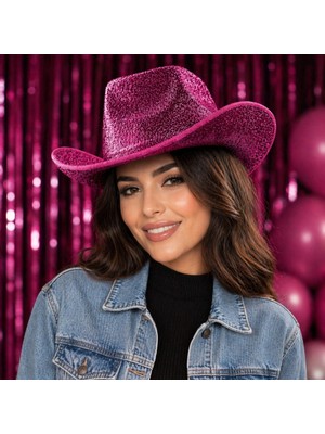 Aslanoğlu Store Mey Ithalat® Parlak Pembe Kovboy Şapka Kadın Erkek Parti Disco Festival Şapkası