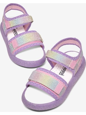 Tonny Black Çocuk Unisex Lila Gökkuşağı Çocuk Çift Cırtlı Simli Sandalet