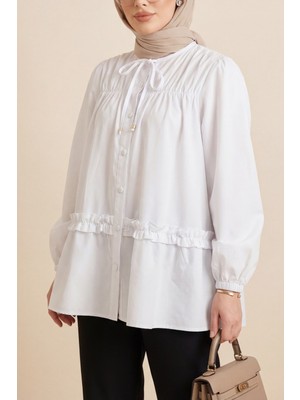 Moda Morfo Robadan Lastikli Eteği Fırfırlı Düğmeli Poplin Tunik -Beyaz