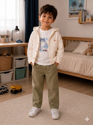 Bubiee Baby Erkek Çocuk Müslin Kapüşonlu Gömlek Palmiye Baskılı Tişört Keten Pantolon -3'lü Takım
