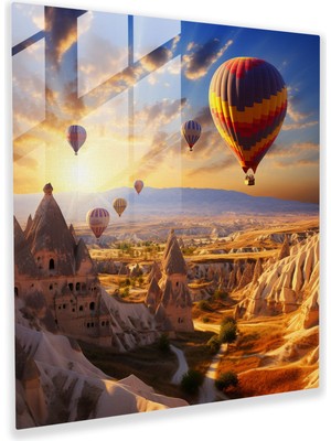 Popcas Göreme Manzarası ve Sıcak Hava Balonları Temalı Dekoratif Cam Tablo