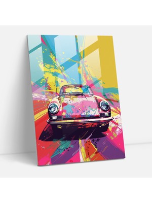 Popcas Retro Araba Illüstrasyonlarıyla Modern Sanat Cam Tablo