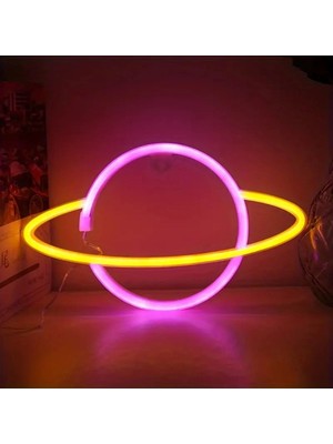 Ada Çanta Kırtasiye Satürn Neon Işık Gece Lambası Ister Pilli Ister USB Kullanım Pembe/sarı